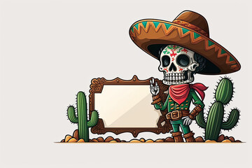 Sugar skull with sombrero holding a blank sign day of the dead cartoon character, generative ai
