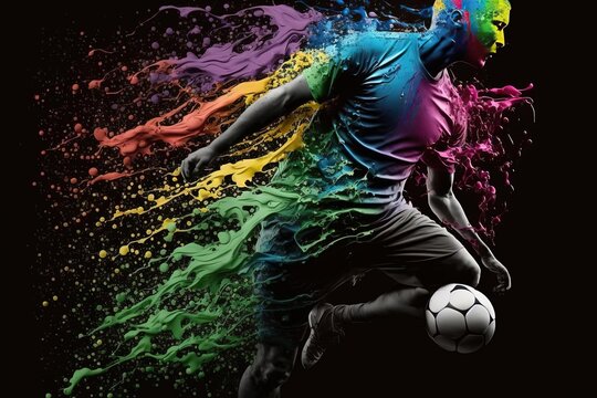Man Kicking Soccer Ball Covered in Paint - Trending Digital Art with Colorful Uniforms, Generative AI © jjbqdesignstudio