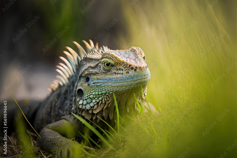 Poster image of a grassland iguana captured with a shallow depth of field generative ai