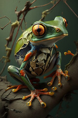 An anthro red eyed tree frog on a piece of wood. Generative AI.