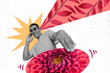 Photo sketch graphics collage artwork picture of carefree funny guy playing flower disk isolated drawing background