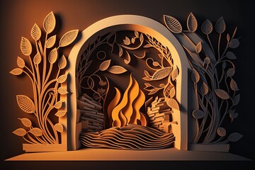 fireplace with fire and plants flowers cut out of paper Generative AI