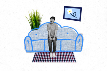 Photo poster advertisement collage artwork of young man sitting comfortable new couch property...