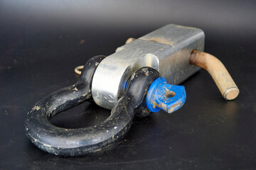 Close-up of a Rear recovery Hitch Receiver, with 4.5 ton WLL Bow Shackle that has been used