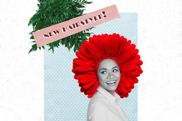 Photo collage artwork of young positive attractive woman surreal hairstyle red gerbera flower natural organic fern isolated white blue background