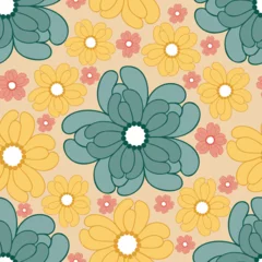 Behang Seamless pattern with retro flowers. Vector illustration in trendy style © SaturnO_27