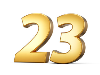 Golden metallic Number 23 Twenty three, White background 3d illustration