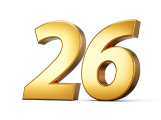 Golden metallic Number 26 twenty six , White background 3d illustration