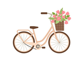 Fototapeta na wymiar Cute Ladies bicycle with basket of spring flowers. Women city retro bike. Summer travel, cycling. Floral vintage journey concept. Bouquet tulips. Romance. Flat vector illustration on white background