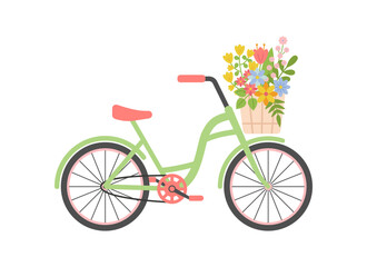 Cute rustic bicycle with colorful flowers in basket. Ladies Women's city Retro bike. Spring, Summer travel, cycling. Floral vintage journey concept. Romance. Vector illustration on white background