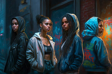 Female street gang members or rappers AI generative - obrazy, fototapety, plakaty