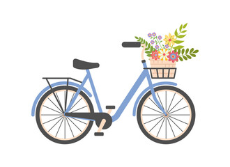 Fototapeta na wymiar Cute Ladies blue bicycle with basket of spring flowers. Women city retro bike. Summer floral vintage journey concept. Romance. Good for cards, greeting. Flat vector illustration on white background