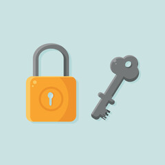 Padlock locked and key icon set. Security sign. Icon padlock. Key symbol. Locked and key icon designed in flat cartoon style isolated on blue background. Security symbol. Vector illustration