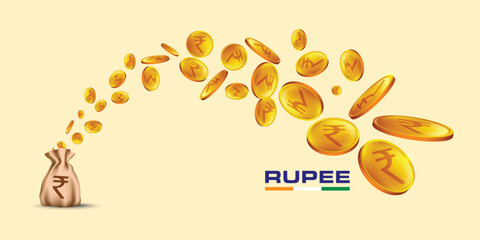 Lot of gold coins. Indian currency Rupee coming out from money bag