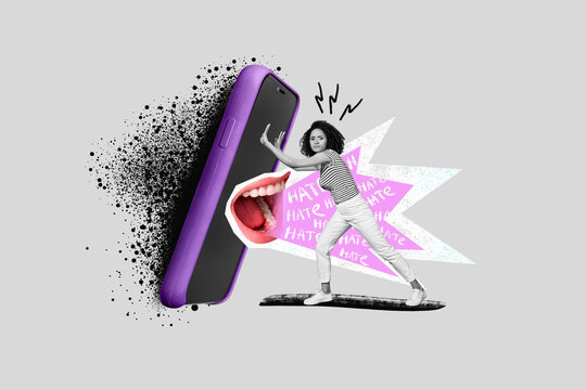 Collage artwork of young stressed online user girl pushing fighting versus cyberbullying phone screen mouth harassment isolated on grey background