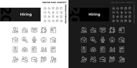 Hiring pixel perfect linear icons set for dark, light mode. Recruitment process. Company employee. Apply for position. Thin line symbols for night, day theme. Isolated illustrations. Editable stroke