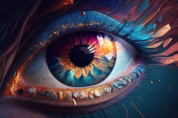 Close up of a human eye. vivid colors with lots of detail. Universe, iris, and pupil in the eye. Conceptual artwork that is photorealistic and uses cinematic lighting as a backdrop or wallpaper
