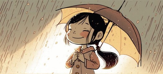 Happy Asian young girl playing in the rain while enjoying the sunset sun in a vintage color tone. Generative AI