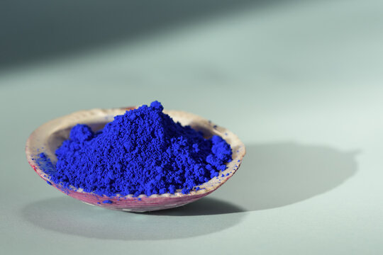 Pigmento azul cobalto dentro de una concha mostrando su textura y granulaci&oacute;n.