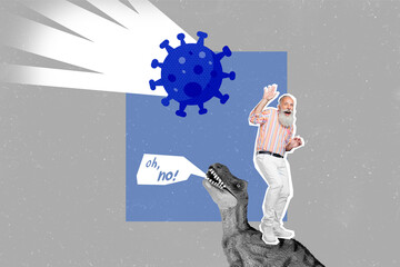Weird healthcare banner collage of scared matured man stand dinosaur protect himself falling...