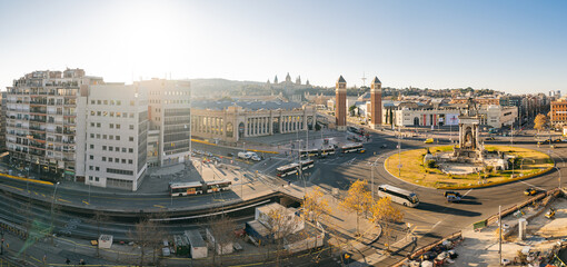 Aerial view of Placa d'Espanya, towards the Venetian Towers and the National Art Museum. This iconic square is located at the foot of Montjuic and it's a major landmark in Barcelona, Catalonia, Spain