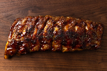 Pork ribs marinated and barbecued