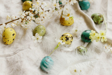 Happy Easter! Rustic easter still life. Stylish easter eggs and blooming spring flowers on rustic table. Natural painted quail eggs, feathers and cherry blossoms on linen fabric