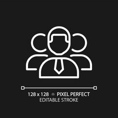 Personnel pixel perfect white linear icon for dark theme. Group of people working for company. Organization staff. Thin line illustration. Isolated symbol for night mode. Editable stroke