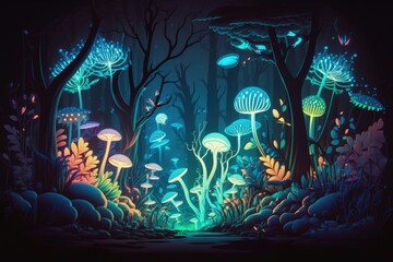 Forest of the fairies. Nighttime forest scene illuminated by magic. Illustration of an abstract woodland, enchantment, fantasy, night, lights, and neon. Generative AI