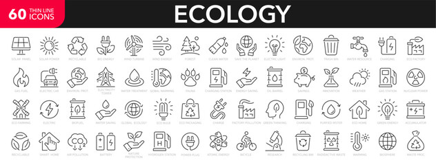Ecology line icons set. Renewable energy outline icons collection. Solar panel, recycle, eco, bio, power, water - stock vector.