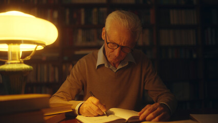 Senior male writer taking notes, working on a new book in home library at night - obrazy, fototapety, plakaty