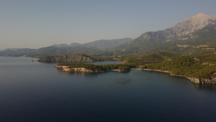 Drone view of coastline and a Tahtalı Dagi mountain 