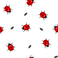 Ladybugs spring seamless vector pattern. Red beetles with leaves