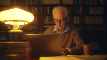 Senior man writer working on library laptop till late evening, doing a research