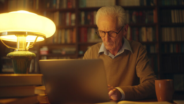 Focused Senior Male Freelancer Working On Laptop In Library Late At Night