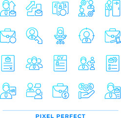 Hiring pixel perfect gradient linear vector icons set. Recruitment process. Company employee. Apply for position. Thin line contour symbol designs bundle. Isolated outline illustrations collection