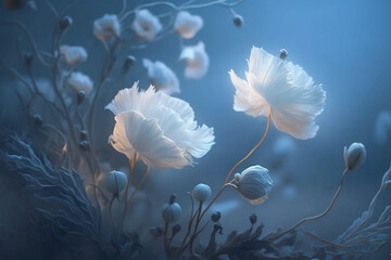 Fototapeta na wymiar beautiful magical meadow of glowing white flowers in blue light and fog