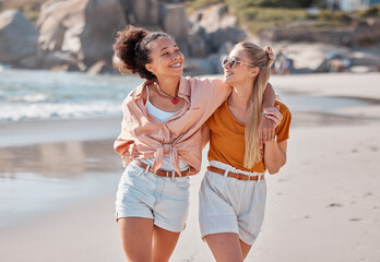Couple on beach, lesbian and happy with travel, gay women hug outdoor with adventure and freedom to...