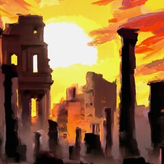 Ruined city sunset illustration digital art painting