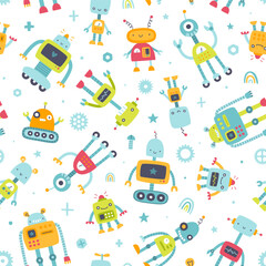 Fototapeta premium Cute pattern with diverse colorful robots for kids. Seamless funny vector print for baby textile and fabric.