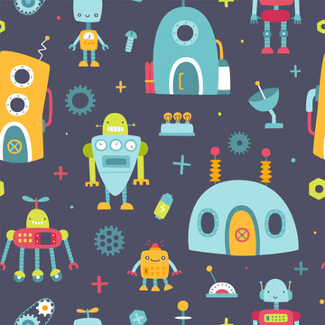 Cute pattern with funny robots town for kids. Naive dark seamless vector print with robo city for baby boys.