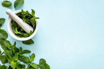 White mortar with fresh green mint leaves. Aroma herbs background