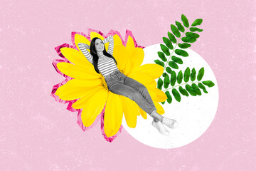 Creative magazine banner picture collage of resting big yellow flower lady enjoy painless critical days feeling