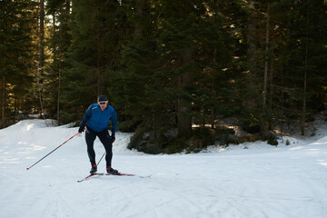 Nordic skiing or Cross-country skiing classic technique practiced by man in a beautiful panoramic...