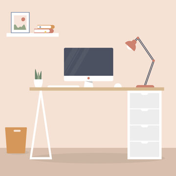 Illustration of minimalist workplace or study room interior with screen monitor on a desk vector stock