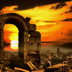 Ruined city sunset illustration digital art painting