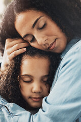 Love, mother and girl hug, happy and bonding for care, loving and support on break, relax and...