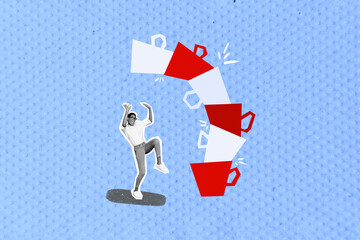 Creative minimalistic picture image artwork collage photo poster banner of crazy person stands under big cup isolated on painted background