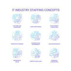 IT industry staffing blue gradient concept icons set. Human resource department. Select candidate idea thin line color illustrations. Isolated symbols. Roboto-Medium, Myriad Pro-Bold fonts used