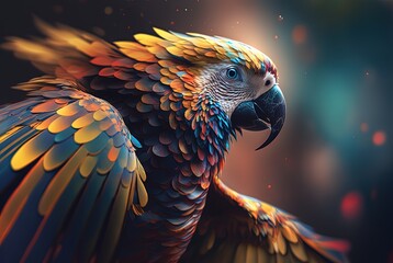 illustration of beautiful close up portrait of colorful parrot bird in nature, Generative ai - obrazy, fototapety, plakaty